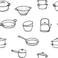 Simple seamless pattern with a pot, kettle, bowls, colander and frying pan. Simple kitchen design for fabric, home textile, wrapping paper vector