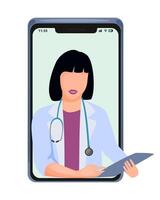 Telemedicine. Appointment with a doctor online via call using a telephone. Doctor with a stethoscope on a smartphone screen. vector