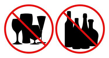Prohibited alcohol consumption signs. illustration of bottles of drinks and glasses with red prohibition circle, symbolizing no drinking allowed vector
