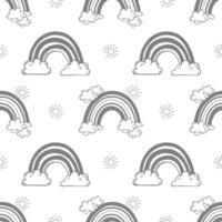 Seamless pattern with rainbows with clouds, stars and hearts. Cute background, hand drawn illustration. vector