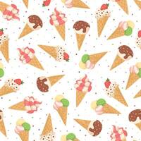 Cartoon summer ice cream seamless pattern. Sweet background of ice cream cones and colorful dots. vector