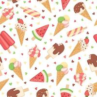 Cartoon summer ice cream seamless pattern. Refreshing sweet background of different types of ice cream and colorful hearts. vector