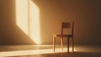 Wooden chair illuminated by sunlight in empty room photo