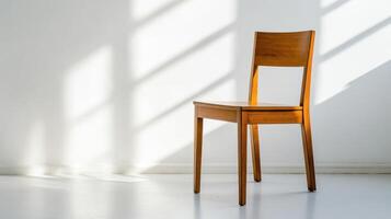 Wooden Chair Stands Alone In Sunlight Against White Wall photo