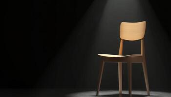 A lone wooden chair sits illuminated in darkness photo