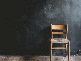 Rustic Wooden Chair Against Dark Wall Background photo