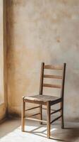 Rustic Wooden Chair Against A Weathered Wall photo