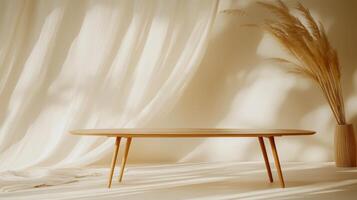 Minimalist Interior Design Wooden Table, Pampas Grass, and Sheer Curtains in Soft Sunlight photo