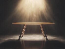 A Spotlight Illuminates a Simple Wooden Table in a Dark Room Minimalist Interior Design and Product Photography photo