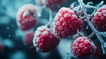 Close-up view captures fresh frozen raspberries with crystalline frost texture, displaying vibrant red berries against moody dark background with natural lighting effects. seasonal photo