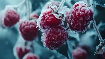 Close-up view captures fresh frozen raspberries with crystalline frost texture, displaying vibrant red berries against moody dark background with natural lighting effects. fruit photo