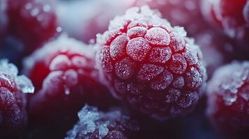 Close-up view captures fresh frozen raspberries with crystalline frost texture, displaying vibrant red berries against moody dark background with natural lighting effects. juicy photo