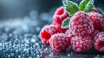 Close-up view captures fresh frozen raspberries with crystalline frost texture, displaying vibrant red berries against moody dark background with natural lighting effects. organic photo