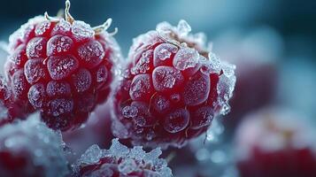 view captures fresh frozen raspberries with crystalline frost texture, displaying vibrant red berries against moody dark background with natural lighting effects. frozen photo