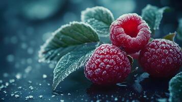 Close-up view captures fresh frozen raspberries with crystalline frost texture, displaying vibrant red berries against moody dark background with natural lighting effects. ripe photo