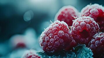 Close-up view captures fresh frozen raspberries with crystalline frost texture, displaying vibrant red berries against moody dark background with natural lighting effects. succulent photo