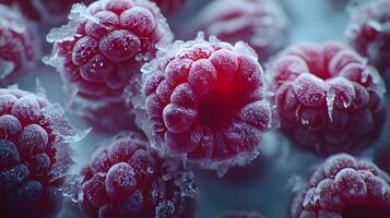 Close-up view captures fresh frozen raspberries with crystalline frost texture, displaying vibrant red berries against moody dark background with natural lighting effects. botanical photo