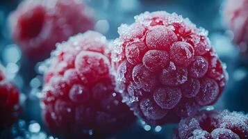 Close-up view captures fresh frozen raspberries with crystalline frost texture, displaying vibrant red berries against moody dark background with natural lighting effects. produce photo