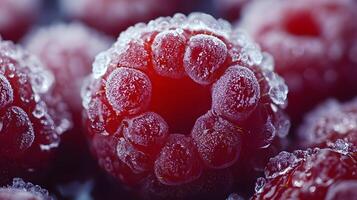 Close view captures fresh frozen raspberries with crystalline frost texture, displaying vibrant red berries against moody dark background with natural lighting effects. frozen photo