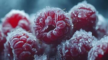 Close-up view captures fresh frozen raspberries with crystalline frost texture, displaying vibrant red berries against moody dark background with natural lighting effects. raspberry photo