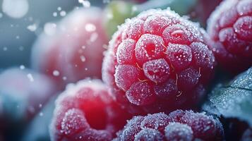 Close-up view captures fresh frozen raspberries with crystalline frost texture, displaying vibrant red berries against moody dark background with natural lighting effects. crystalline photo