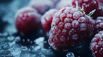 Close-up view captures fresh frozen raspberries with crystalline frost texture, displaying vibrant red berries against moody dark background with natural lighting effects. frost photo
