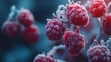 Close-up view captures fresh frozen raspberries with crystalline frost texture, displaying vibrant red berries against moody dark background with natural lighting effects. texture photo