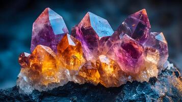 Crystal minerals display vibrant formations of amethyst, quartz, and citrine with natural light refraction, showcasing rough textures and iridescent surfaces in a mystical cluster arrangement. textur photo