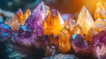 Crystal minerals display vibrant formations of amethyst, quartz, and citrine with natural light refraction, showcasing rough textures and iridescent surfaces in a mystical cluster arrangement. irides photo