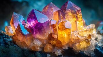 Crystal minerals display vibrant formations of amethyst, quartz, and citrine with natural light refraction, showcasing rough textures and iridescent surfaces in a mystical cluster arrangement. mystic photo