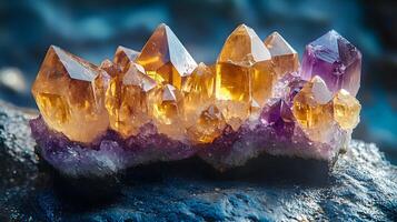Crystal minerals display vibrant formations of amethyst, quartz, and citrine with natural light refraction, showcasing rough textures and iridescent surfaces in a mystical cluster arrangement. cluste photo