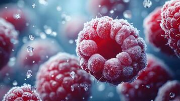 Close-up view captures fresh frozen raspberries with crystalline frost texture, displaying vibrant red berries against moody dark background with natural lighting effects. red photo