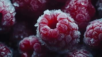 Close-up view captures fresh frozen raspberries with crystalline frost texture, displaying vibrant red berries against moody dark background with natural lighting effects. berry photo
