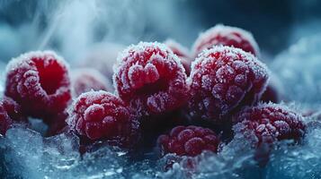 Close-up view captures fresh frozen raspberries with crystalline frost texture, displaying vibrant red berries against moody dark background with natural lighting effects. moody photo