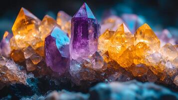 Crystal minerals display vibrant formations of amethyst, quartz, and citrine with natural light refraction, showcasing rough textures and iridescent surfaces in a mystical cluster arrangement. gem photo
