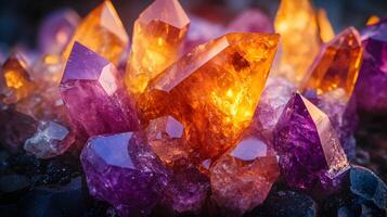 Crystal minerals display vibrant formations of amethyst, quartz, and citrine with natural light refraction, showcasing rough textures and iridescent surfaces in a mystical cluster arrangement. stone photo