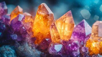 Crystal minerals display vibrant formations of amethyst, quartz, and citrine with natural light refraction, showcasing rough textures and iridescent surfaces in a mystical cluster arrangement. specim photo