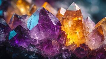 Crystal minerals display vibrant formations of amethyst, quartz, and citrine with natural light refraction, showcasing rough textures and iridescent surfaces in a mystical cluster arrangement. raw photo
