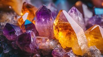 Crystal minerals display vibrant formations of amethyst, quartz, and citrine with natural light refraction, showcasing rough textures and iridescent surfaces in a mystical cluster arrangement. glitte photo