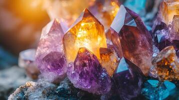 Crystal minerals display vibrant formations of amethyst, quartz, and citrine with natural light refraction, showcasing rough textures and iridescent surfaces in a mystical cluster arrangement. facet photo