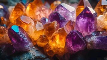 Crystal minerals display vibrant formations of amethyst, quartz, and citrine with natural light refraction, showcasing rough textures and iridescent surfaces in a mystical cluster arrangement. shine photo