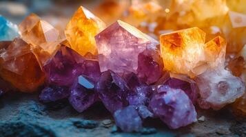 Crystal minerals display vibrant formations of amethyst, quartz, and citrine with natural light refraction, showcasing rough textures and iridescent surfaces in a mystical cluster arrangement. prism photo