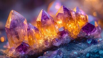 Crystal minerals display vibrant formations of amethyst, quartz, and citrine with natural light refraction, showcasing rough textures and iridescent surfaces in a mystical cluster arrangement. shimme photo