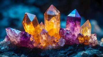 Crystal minerals display vibrant formations of amethyst, quartz, and citrine with natural light refraction, showcasing rough textures and iridescent surfaces in a mystical cluster arrangement. transl photo