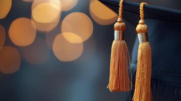 Graduation caps showcase golden tassels on black mortarboards with selective focus, creating celebratory atmosphere against warm bokeh background. recognition photo
