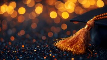 Graduation caps showcase golden tassels on black mortarboards with selective focus, creating celebratory atmosphere against warm bokeh background. learning photo