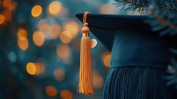 Graduation caps showcase golden tassels on black mortarboards with selective focus, creating celebratory atmosphere against warm bokeh background. cap photo
