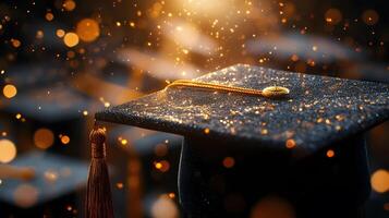 Graduation caps showcase golden tassels on black mortarboards with selective focus, creating celebratory atmosphere against warm bokeh background. graduation photo