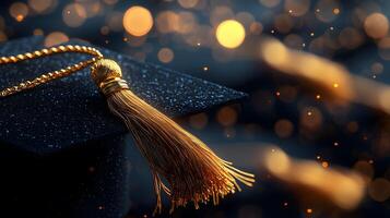 Graduation caps showcase golden tassels on black mortarboards with selective focus, creating celebratory atmosphere against warm bokeh background. tassel photo