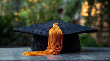 Graduation caps showcase golden tassels on black mortarboards with selective focus, creating celebratory atmosphere against warm bokeh background. black photo